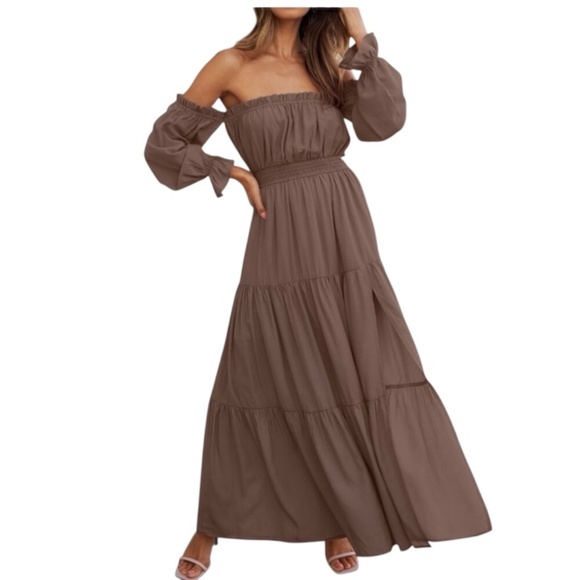 Zesica Dresses & Skirts - Off Shoulder Long Sleeve Smocked Waist Maxi Dress